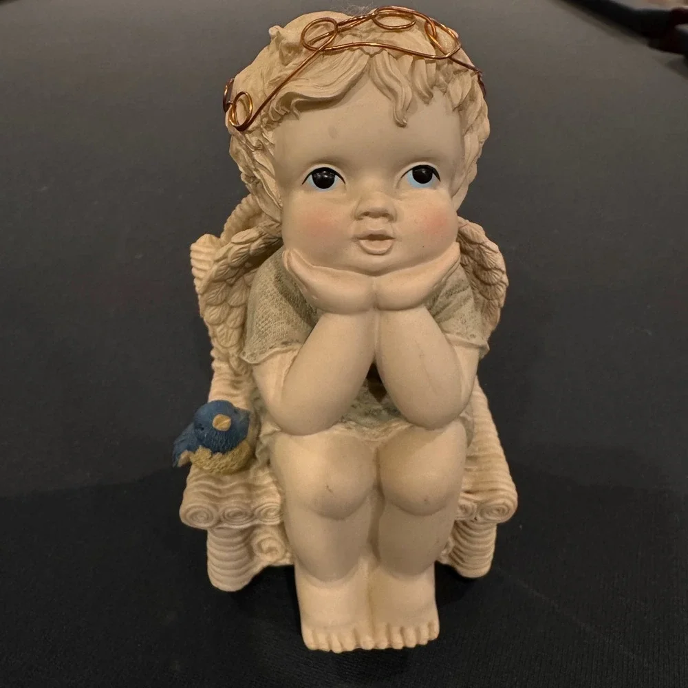 Vintage Musical Angel Cherub Figurine Wicker Chair Bluebird Copper Halo Decor
